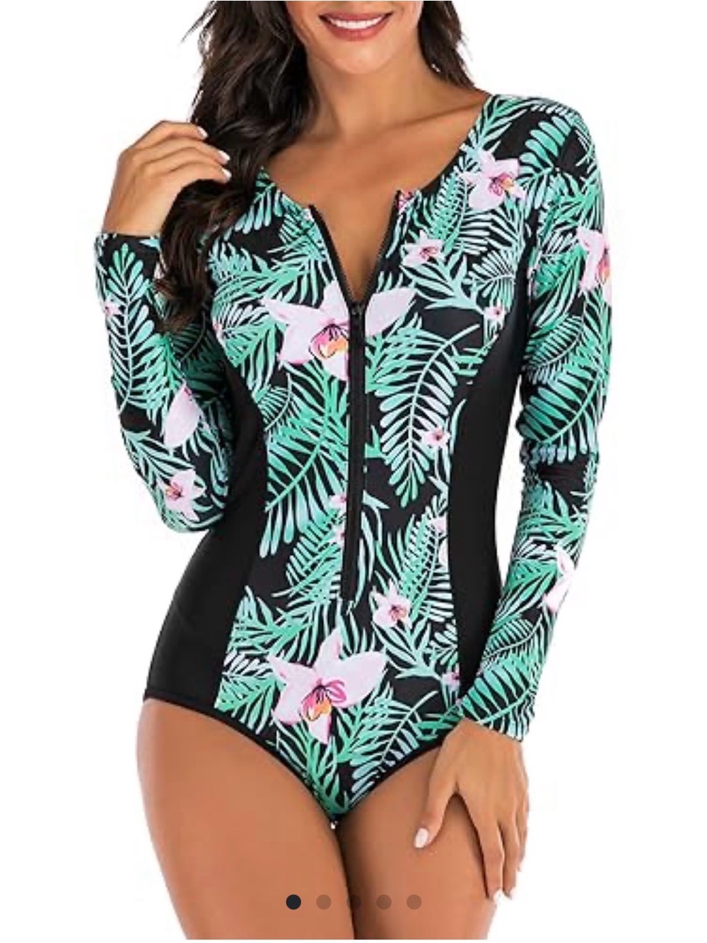 Long-Sleeve Floral Zip-Front One-Piece Swimsuit - Black & Mint